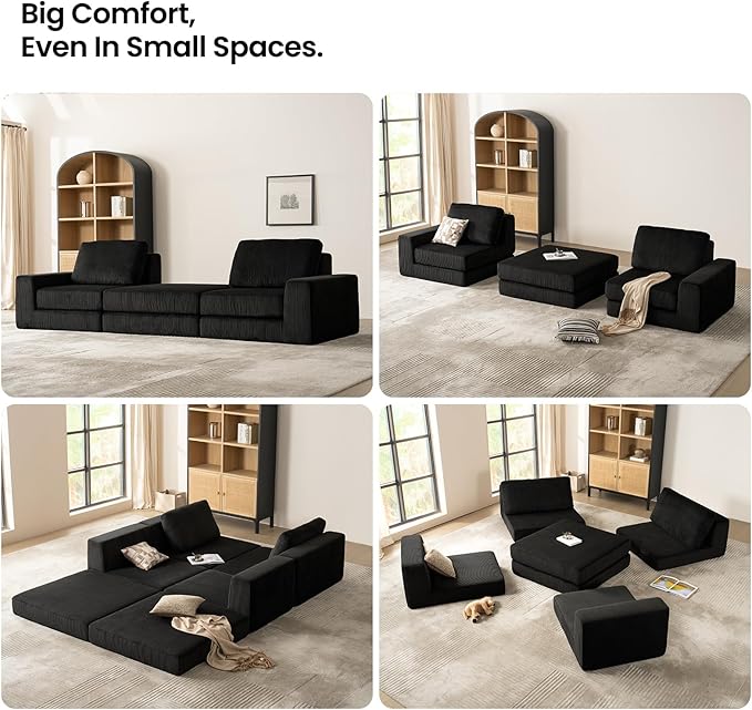 120.47‘’ Boneless Couch Cloud Modular Sectional Couches for Living Room, Oversize L-Shape Sofa with Deep Seat, Plush Corduroy 3-Seater with Ottoman, No Assembly Required
