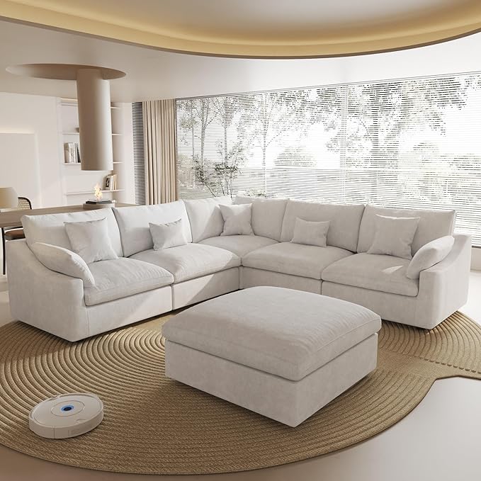 Modular Sectional Sofa Couch, 119.29" V Shaped Modular Couch with Storage Ottoman, Down Filled Convertible Sofa for Living Room, 6 Seat Wide Couches,Cushion Covers Removable,White