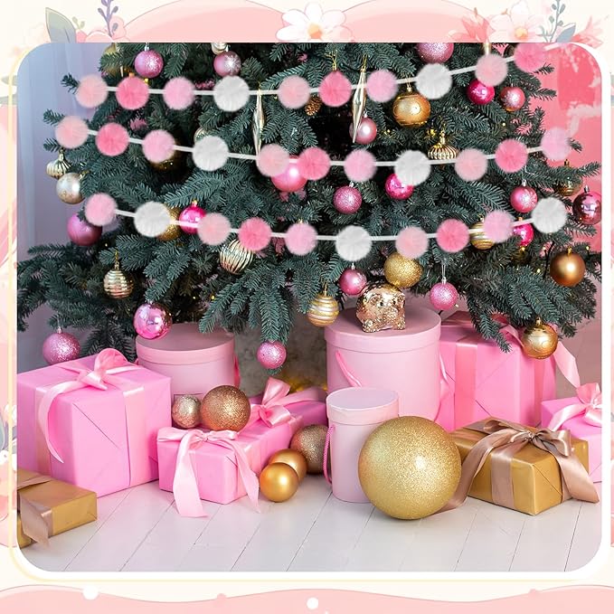 2 Pack Large Pom Poms Garland Hanging Decorations Colorful Soft Faux Rabbit Fur Ball Garland for Easter Xmas Holiday Wedding Baby Shower Birthday Party Supplies(Pink,2.36 Inch)