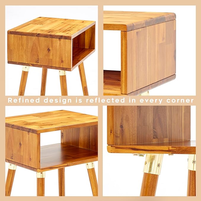 Bme Dinkee Solid Wood Nightstand Bedside Table Without Drawer for Mid Century Bedroom and Living Room, Caramel