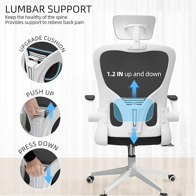 Ergonomic Office Chair, High-Back Mesh Desk Chair with Adjustable Height, Lumbar Support, Flip-Up Armrests,headrest,and Swivel Rolling Design for Home and Office Use