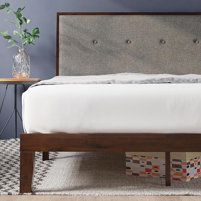 ZINUS Moiz Wood Platform Bed Frame with Adjustable Upholstered Headboard, Solid Wood Bed, Wood Slat Support, No Box Spring Needed, Easy Assembly, Queen