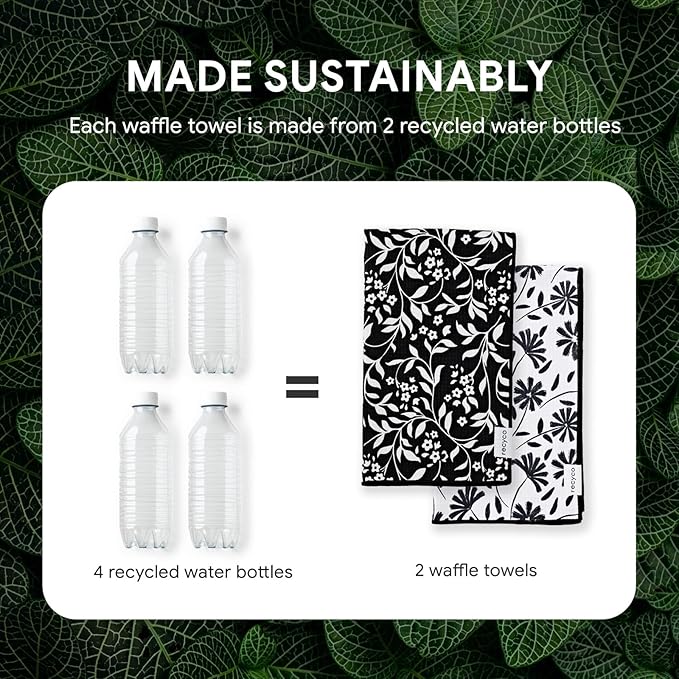 RECYCO Waffle Kitchen Towels Set of 2 Quick Dry Microfiber Sustainable Lightweight Hand Towels Black White Florals 16x28