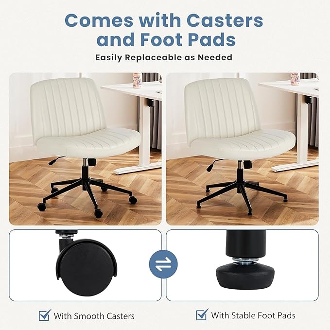 DUMOS Criss Cross Chair with Wheels, Legged Office Armless Wide Desk Seat Dual-Purpose Base, Adjustable Swivel Leather Task Vanity Home Desk Seating, Cream