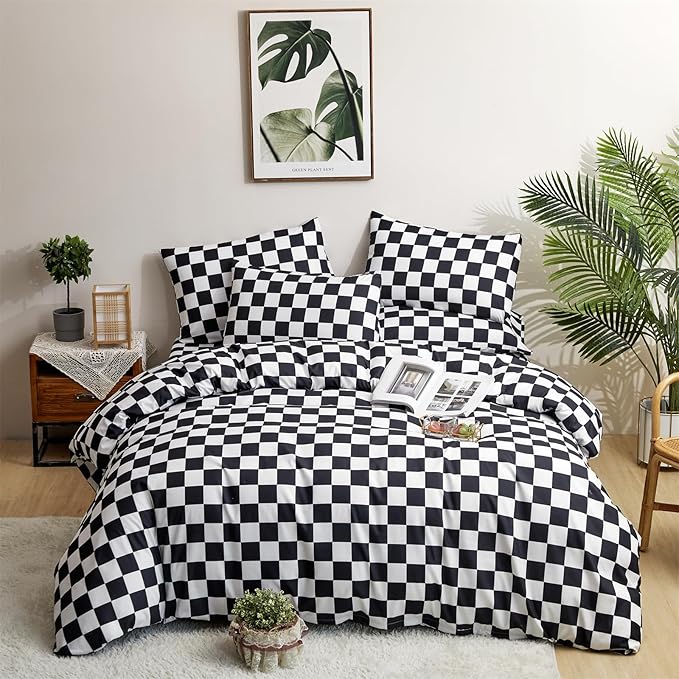 CLOTHKNOW Black White Plaid King Size Comforter Set 3Pcs Grid Bedding Comforter Sets Soft Checkered Comforter Black White Comforter with 2 x Pillow Cases