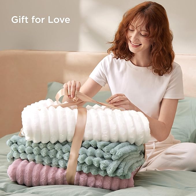 Bedsure GentleSoft Blankets Queen Size for Bed - Cozy Soft Blankets for Women, Cute Large Bedding Fleece Throws for Girls, Off White, 90x90 Inches