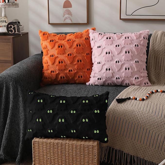 DFXSZ Halloween Pillow Covers 12x20 inch Set of 2 Black Ghost Throw Pillow Cases Soft Plush Faux Fur Wool Cushion Case for Chair Bedroom Living Room Home Decor PTK03F12