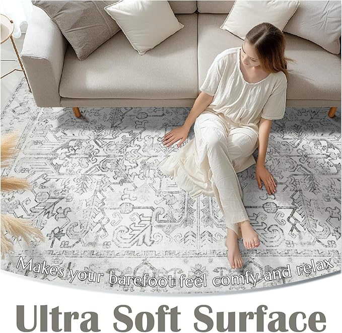 jinchan Washable Entry Rug 2x3 Vintage Floral Non-Slip, Grey