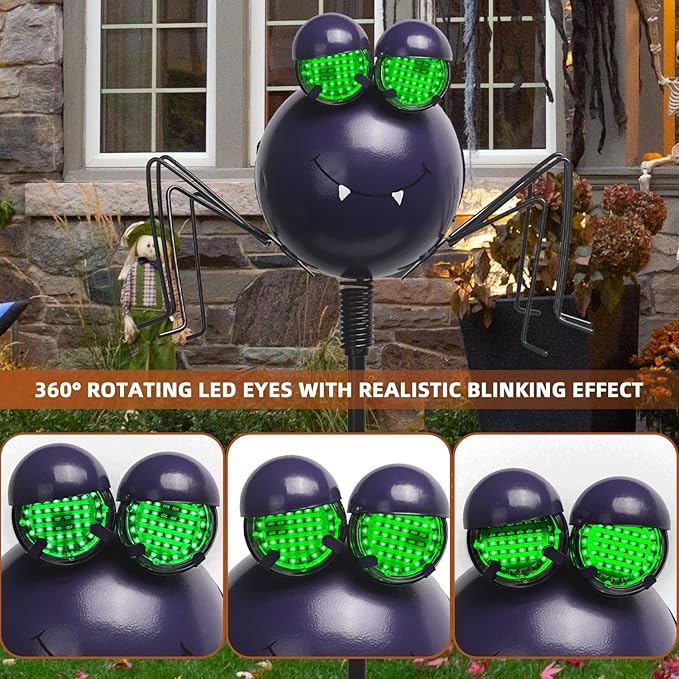 Spider Solar Halloween Decorations with Moving LED Eyes, 38.2in Halloween Garden Stakes Eyeball Lights for Yard, Lawn, Patio, Outdoor Decor