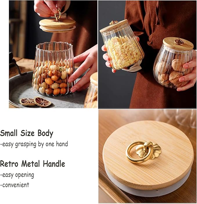 FANTESTICRYAN Glass Coffee Nuts Canister Airtight Storage Jar Petal Decorative Container with Bamboo Lid Metal Handle Easy to Grasp 700ml, 23 FL OZ