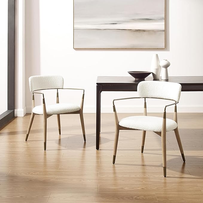 Art Leon Wishbone Dining Chairs - Mid Century Modern Dining Room Chairs, Boucle Fabric Upholstered with Wood Legs, Arm Chair with Open Backrest, Set of 4, White