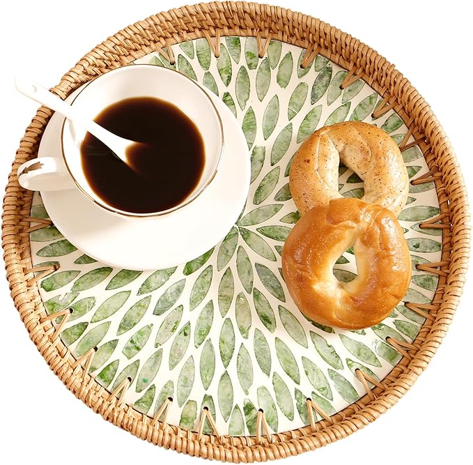 Round Rattan Tray with Mother of Pearl Inlay & Wooden Base - Decorative Wicker Serving Tray for Coffee/Bread/Fruits Display - Multipurpose Home Decor (M,Green Leaves)