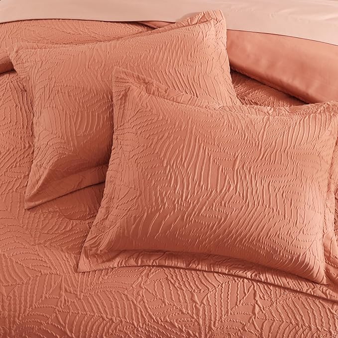 Geniospin Full Size Comforter Set - 7 Pieces Burnt Orange Bedding Set, Botanical Textured Fall Comforter Set, All Season Lightweight Bed in a Bag with Comforter, Sheets, Pillowcases & Shams
