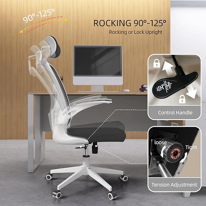 Ergonomic Office Chair, High-Back Mesh Desk Chair with Adjustable Height, Lumbar Support, Flip-Up Armrests,headrest,and Swivel Rolling Design for Home and Office Use