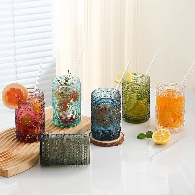 15oz Colored Hobnail Drinking Glasses Set of 6,Vintage Kitchen Glassware,Embossed Beaded Glass Cups,Water Tumbler for Cocktail,Juice and Various Mixed Drinks