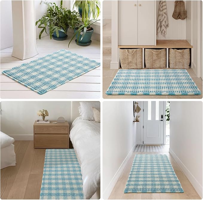 Waffle Runner Rug Bathroom, Long Boho Bathroom Rugs Non Slip Washable Absorbent Checkered Bathroom Mat Quick Dry Cute Bath Mat, 60"x24" Blue and White