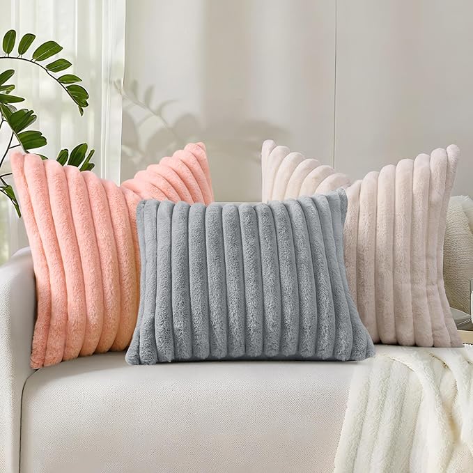 decorUhome Faux Fur Throw Pillow Covers 20x20 Set of 2, Decorative Soft Plush Striped Neutral Euro Pillow Covers with Velvet Back for Bed, Living Room Home Decor, Blush Pink