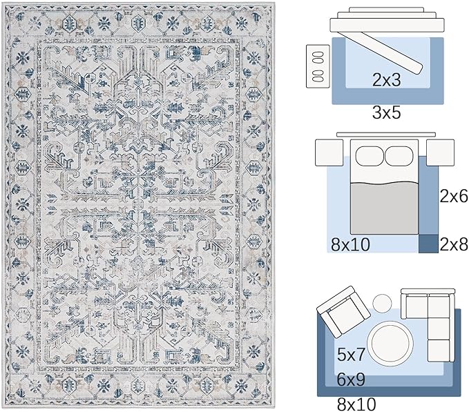 jinchan Vintage Floral Washable Runner Rug 2x6 Non-Slip Low Pile Carpet, Blue