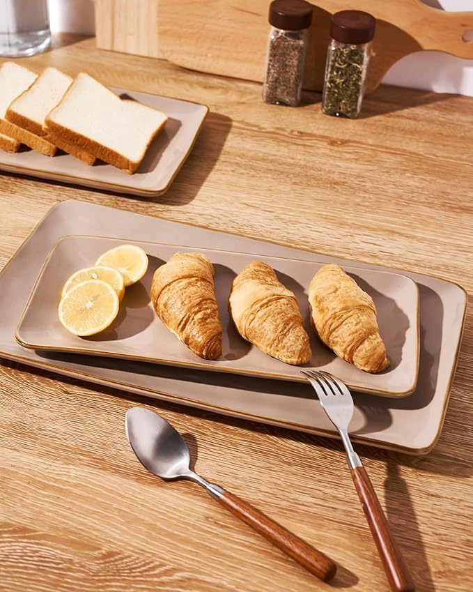 famiware Serving Platter, Rectangular 15.67/14.1/12.6 inch Serving Dishes for Entertaining, Microwave Dishwasher Safe, Stonware for Party, Turkey, Cheese, Ocean Series, Cinnamon Brown