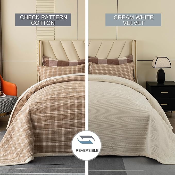 Cotton Plaid Quilt Set Queen 3 Piece Lightweight Reversible Bedding, Grid Beige