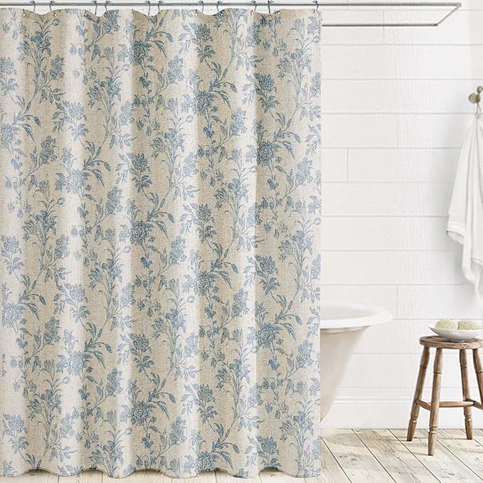 Blue Shower Curtain Floral Cotton Linen Cottagecore Shower Curtain for Bathroom 75" L x 72" W Long