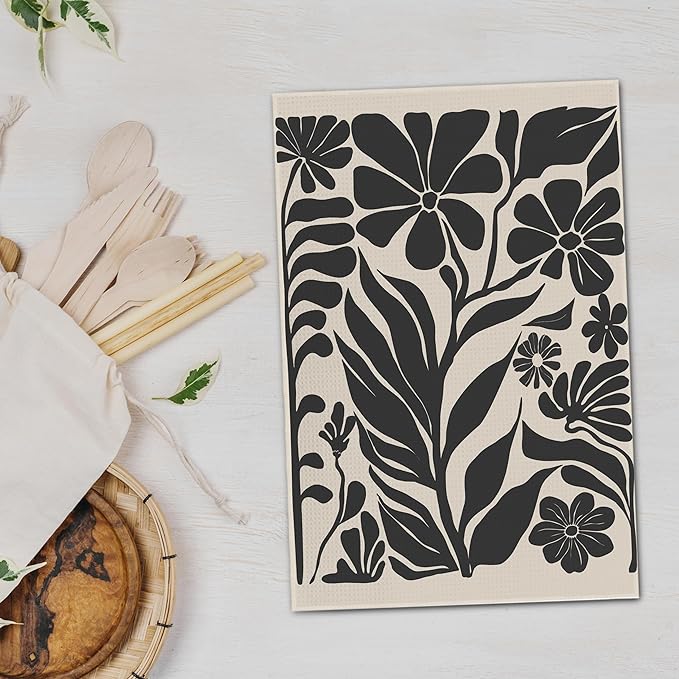 Boho Floral Dish Towels Vintage Abstract Flowers Waffle Weave Black