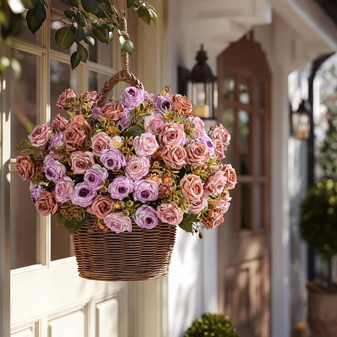 Artificial Flowers for Outdoor 4 Bundles Rose Bouquet with Daisy Faux Flowers UV Resistant for Home Indoor Outside Garden Porch Window Box Balcony Yard Porch Decor (Purple+Brown)