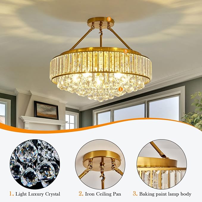 YYJLX 6-Light Modern Large Crystal Chandelier Gold Metal E26 Semi Flush Mount Round Ceiling Light Fixture Ceiling Lamp Farmhouse for Dining Room Living Room Laundry Room Foyer Kitchen Bedroom