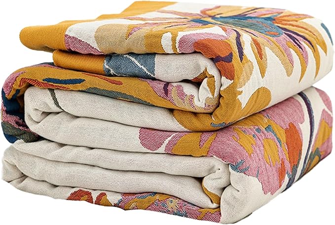 Boho Throw Blanket 100% Cotton Woven Ultra Soft 4-Layer Muslin Quilt Farmhouse Bed Blanket Cover 60"x80", Floral