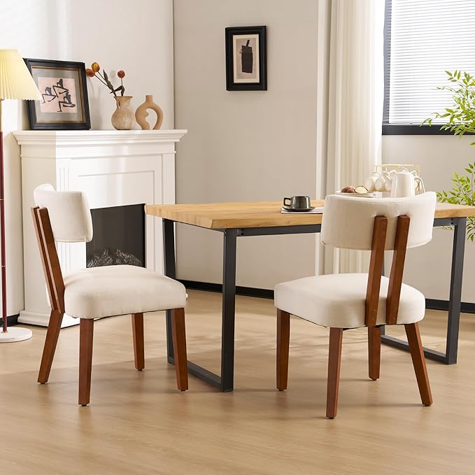 MOJAY Dining Chairs Set of 2, Mid Century Modern Kitchen Chairs Farmhouse Linen Fabric Side Chairs with Curved Backrest for Kitchen, Dining Room, Restaurant, or Patio, Off-White