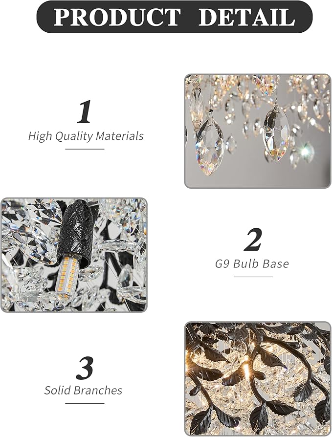 Modern Crystal Chandelier for Dining Room, 8-Light 23.62" Black Tree Branch Chandeliers, Luxury K9 Crystal Rectangular Chandeliers for Kitchen Island Living Room