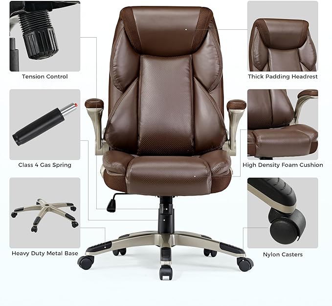 EUREKA ERGONOMIC Galene Executive Office Chair Flip Up Arm Rest, Ergonomic Desk Chair Faux Leather Computer Chair, High Back Office Chair with Headrest, Home Desk Chairs with Wheels, Brown