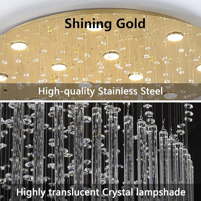 W40 x H120 Glam Chandelier with LED Bulbs Crystal Raindrop High Ceiling Pendant Light for Entrance Large Villa Chandelier Foyer Lighting Fixtures Gold