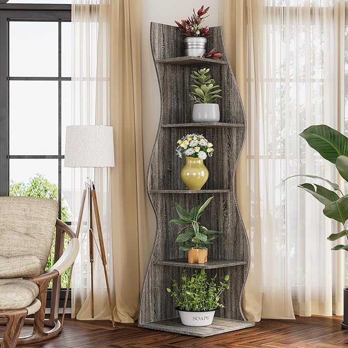 LITTLE TREE 70-Inch Corner Shelf, Seaweed Shaped Etagere Display Bookshelf, Freestanding 5-Tier Wall Shelves for Small Spaces, Living Room, Bedroom, Grey, 2 Pack