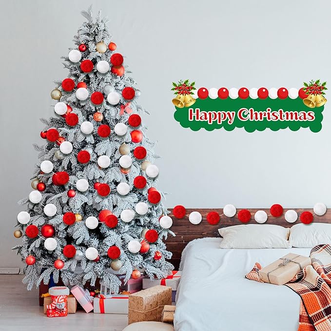 2 Pack Large Pom Poms Garland Hanging Decorations Colorful Soft Faux Rabbit Fur Ball Garland for Easter Xmas Holiday Wedding Baby Shower Birthday Party Supplies(Red White,3.15 Inch)