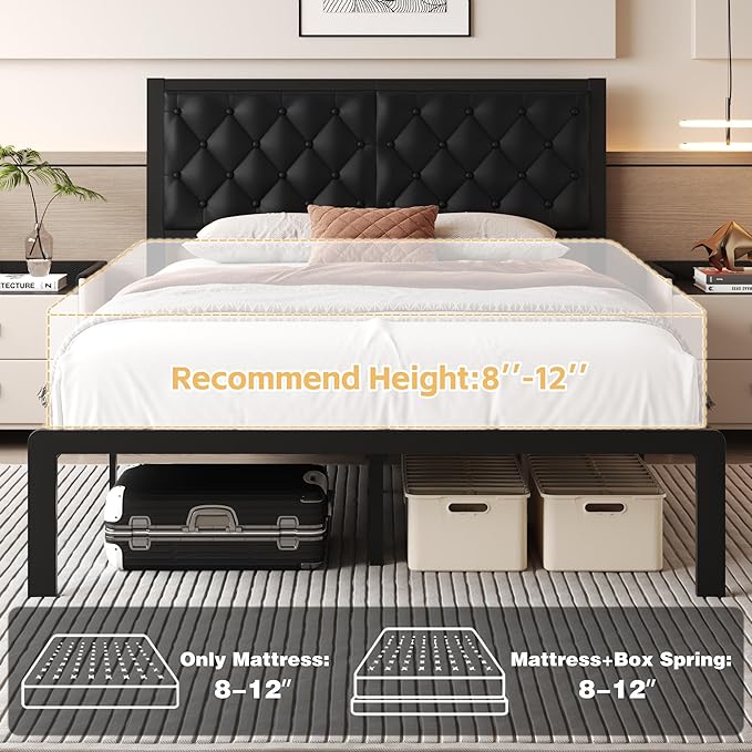 Queen Bed Frame with Headboard PU Leather Upholstered Bed Frame Platform,All Metal Slats Support Platform Bed Frame with Storage Space,Easy Assembly,Noise Free,No Box Spring Needed,Black