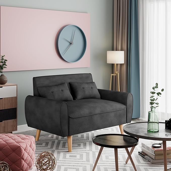 Vongrasig Small Modern Loveseat Sofa 47" Mid Century Linen 2 Seat Couch Tufted LoveSeat, Black
