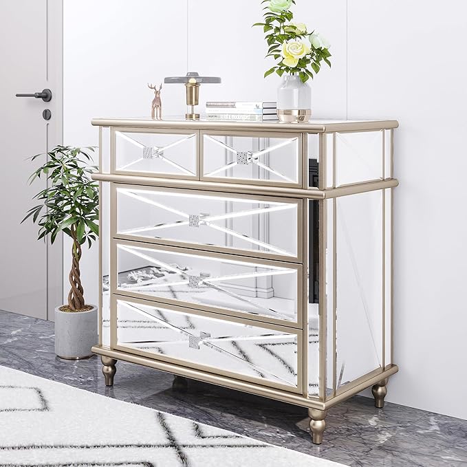 DWVO Gold 5 Drawers Dressers for Bedroom, 35" Accent Chest with Drawers