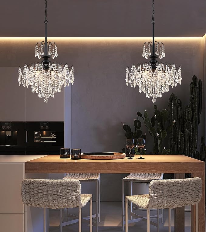 Q&S Crystal Chandelier for Dining Room,Modern Black Crystal Pendant Light,6 Lights for Kitchen Island Entryway Bathroom Office Bar UL Listed