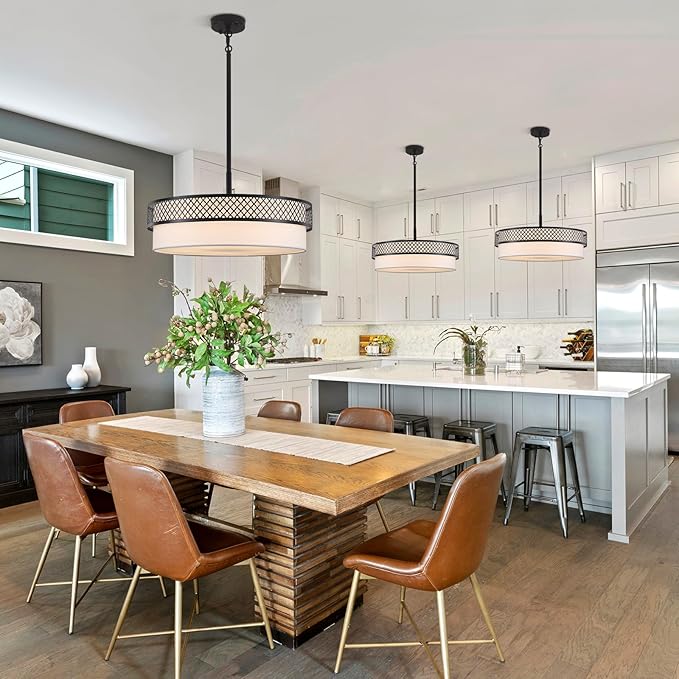21.5" Drum Black Chandelier for Dining Room 5-Light Modern Farmhouse Chandeliers White Fabric Drum Pendant Light Fixture Large Hanging Lighting for Living Room Bedroom Kitchen Foyer Over Table, E26