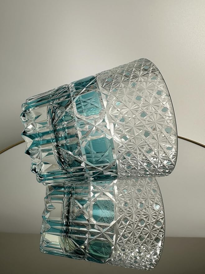 Hand Cut Whiskey Glass Japanese Style Edo Kiriko Inspired Sea Aquamarine Fluorite Tumbler 10oz Lead Free Blown Glass, Blue Design