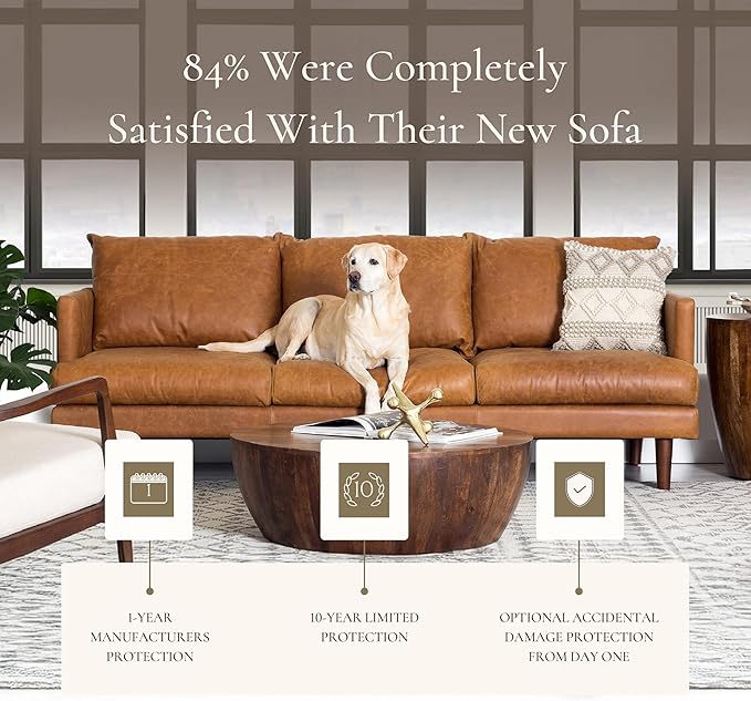 Poly & Bark Girona Leather Couch - 88 Inch Sofa with Tufted Back - Sofa for Living Room with Feather-Down Topper - Living Room Couch - Full-Grain Vintage Italian Leather in Cognac Tan