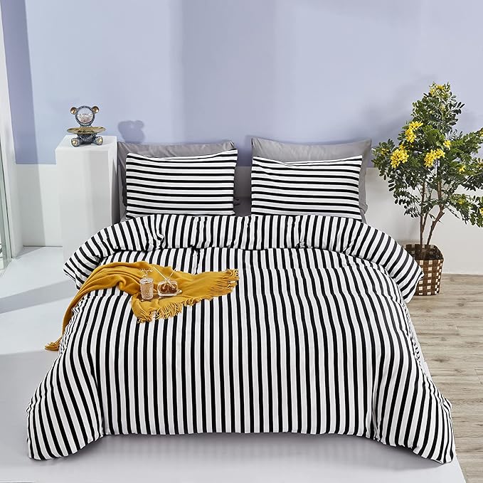 CLOTHKNOW Striped California King Comforter Set Black White Bedding Comforter Sets All Season Farmhouse Ticking Comforter with 2 x Pillow Cases