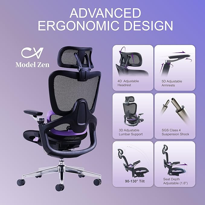 Ergonomic Office Chair, Mesh Home Desk Chair with Adjustable Lumbar Support, Big and Tall Gaming Chair with 4D Headrest, 5D Armrest,90-130°Tilt, BIFMA Certified, Model Zen (Purple)