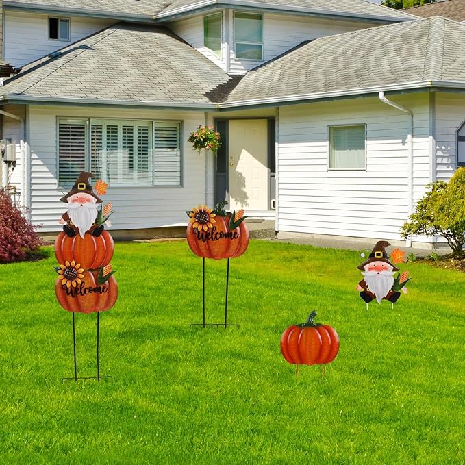 Fall Yard Stakes Large 39.3inch with Gnome and Sunflowers for Thanksgiving Decorations, Metal Pumpkins for Outdoors Garden Patio Harvest Decor
