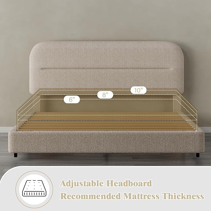 HOMBCK Bed Frame Queen Size, Boucle Upholstered Platform Queen with Headboard, Soft Headboard with Rounded Corners Design, Wood Slats, No Box Spring Required, Easy Assembly, Beige