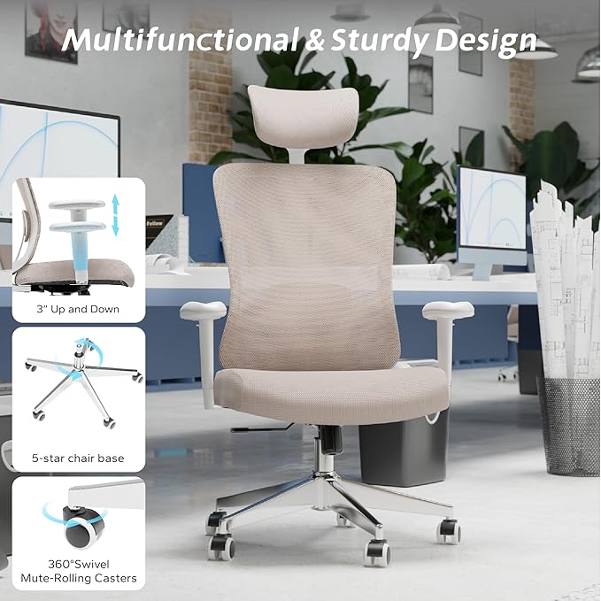 Ergonomic Office Chair with Adjustable Lumbar Support & Flip-Up Armrests - High Back Desk Chair with Thickened Seat Cushion, Rolling Wheels for Home/Office Study Work (05khaki)