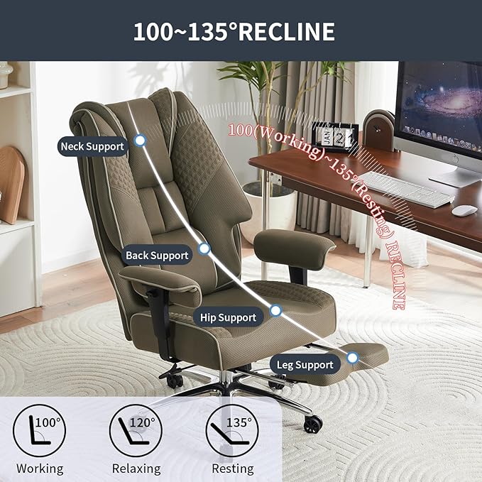 Big and Tall Office Chair 400lbs Wide Seat, Leather High Back Executive Office Chair with Foot Rest, Ergonomic Chairs Lumbar Support for Lower Back Pain Relief (Mesh Light Green)