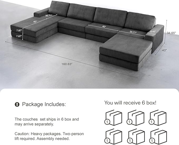 160.63‘’ Boneless Couch Cloud Modular Sectional Couches for Living Room, Oversize U-Shape Sofa with Deep Seat, Plush Corduroy 4-Seater with 2-Ottoman, No Assembly Required