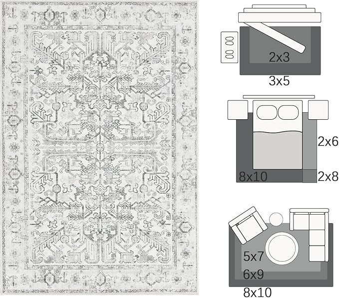jinchan Washable Entry Rug 2x3 Vintage Floral Non-Slip, Grey